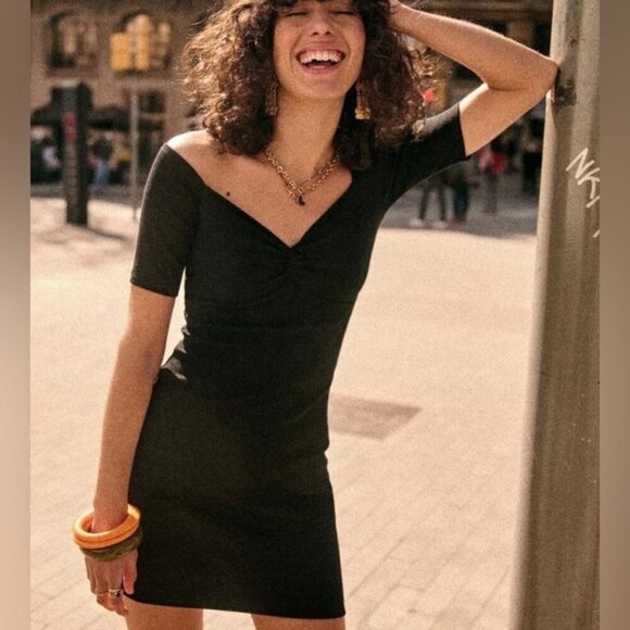 Sezane Coraline Dress Black Size XS Minimalist French Sweetheart V-Neck Bodycon - Picture 12 of 12